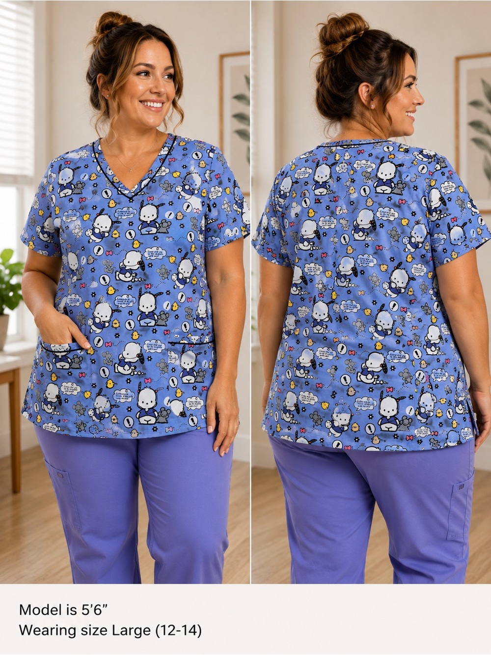 NWT Sanrio Pochacco Tooniforms Scrub Top Size L Discontinued Rare Print Cherokee